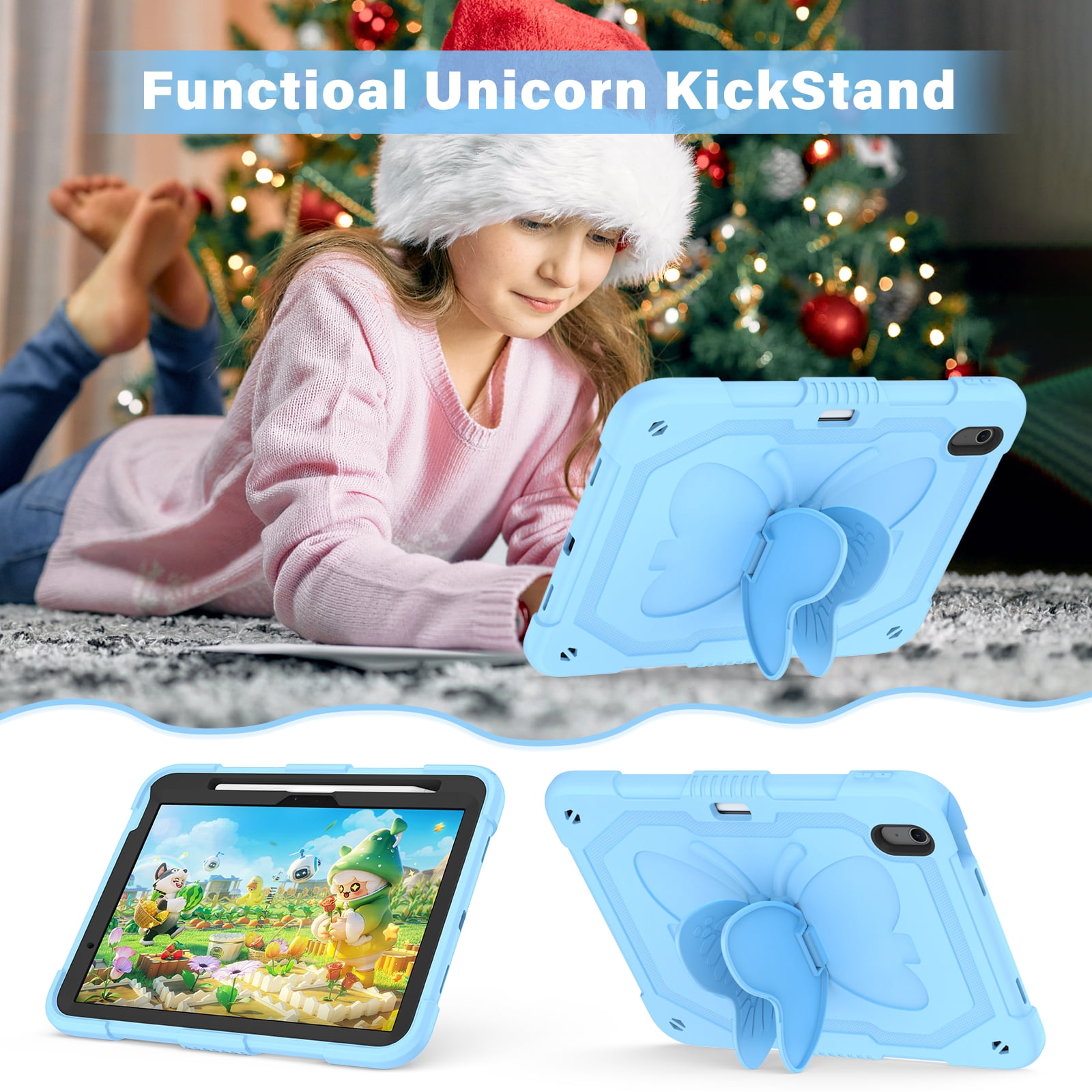 For iPad A16 11th 10th Generation 2025/2022 Case, Rugged Hybrid Cover with Butterfly Wings Hidden Kickstand Pencil Holder Adjustable Shoulder Strap Drop Resistant Anti-Scratch Fashion Case,Blue