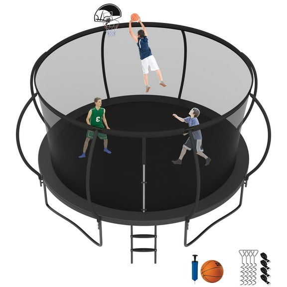 Kacho Trampoline, 12FT Trampoline for Adults and Kids, 1200LBS Trampoline with Enclosure Net, Basketball Hoop, Ladder, Wind Stakes, Outdoor Heavy-Duty Trampolines, Black