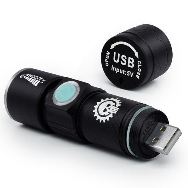 Go Time Gear | LED Pocket Flashlight | Super Bright, Long Lasting, USB Rechargeable Light Torch | 3 Modes + Zoom Adjustable | Compact + Portable for Survival Kit, Car or Emergencies