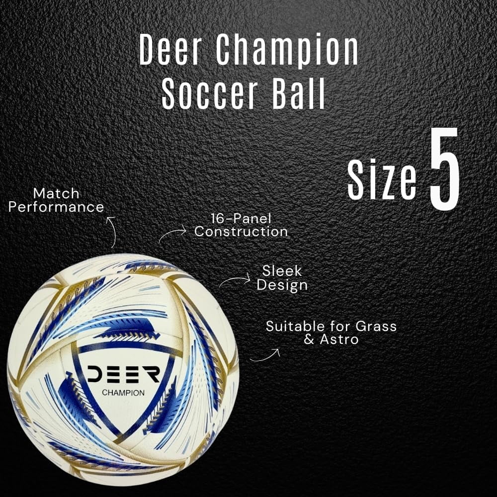 Deer Champion Soccer Ball – For Club Match, Training, Match Performance, Indoor & Outdoor Soccer | 16 Panel, Fabric Wrapped Rubber | Size 5 for Youth & Adult Soccer Players , Blue Gold |