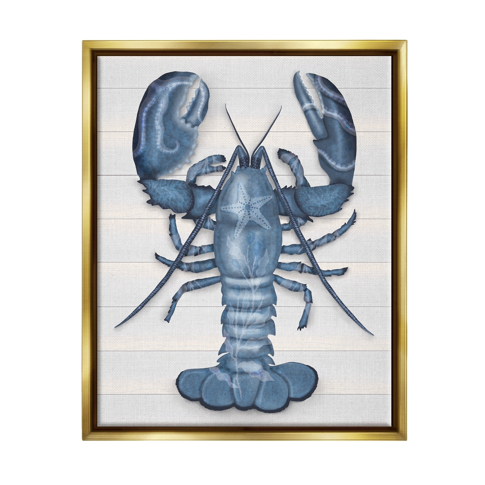 Stupell Industries Detailed Blue Lobster Starfish Botanical Motif Panels Graphic Art Metallic Gold Floating Framed Canvas Print Wall Art, Design by Darlene Seale