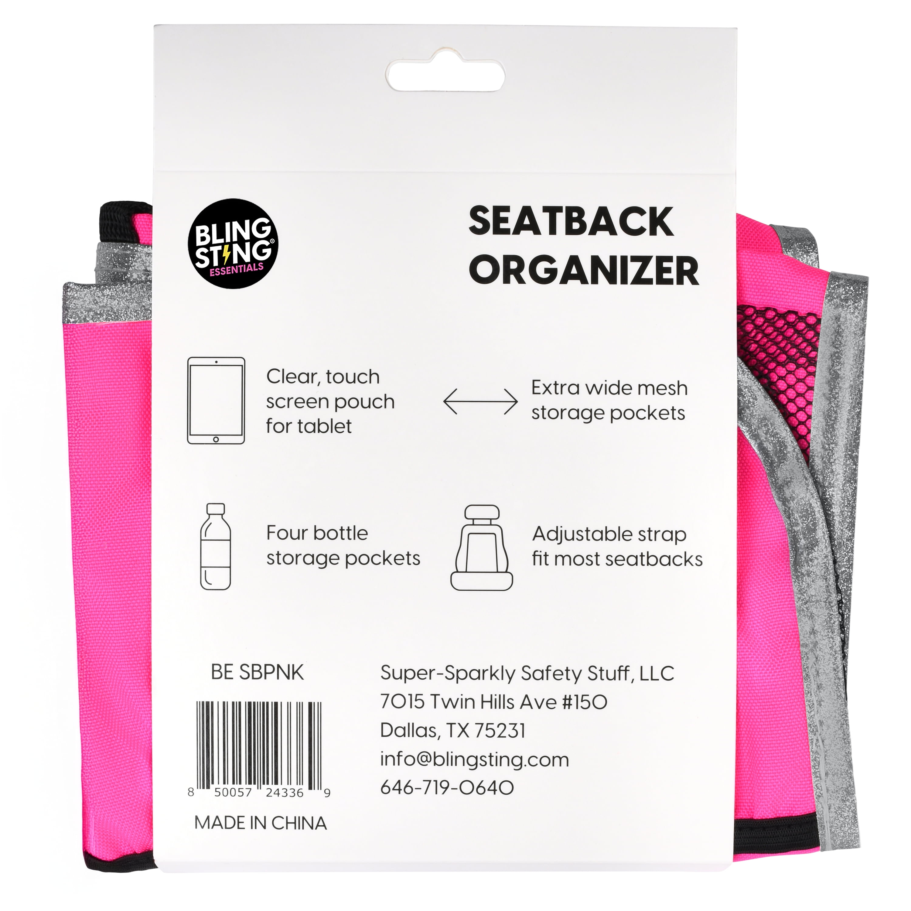 BLINGSTING Car Seat Back Organizer with Heavy-Duty Oxford Fabric, Adjustable Strap, Tablet Holder, Hot Pink 24 x 16