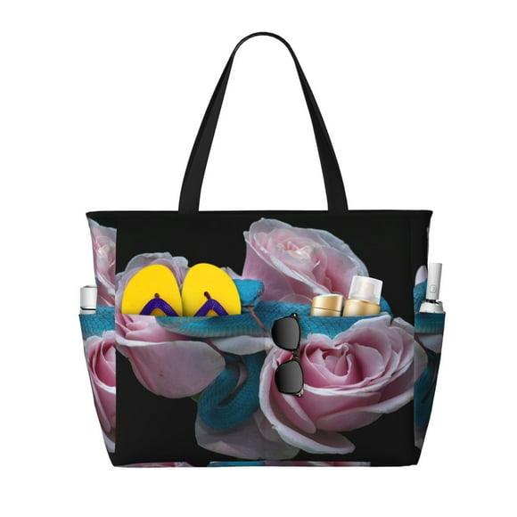 Disketp Blue Lipped Pit Viper And Three Pink Roses Print Large Capacity Beach Bag, Waterproof Sandproof Beach Swim Pool Bag Tote Bag for Women