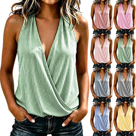 Aezemi Women Striped Boho Tank Tops V Neck Cotton Linen Sleeveless Fashion Pullover Tunic Shirts Summer Vacation Beach Trendy Flowy Tees XXL