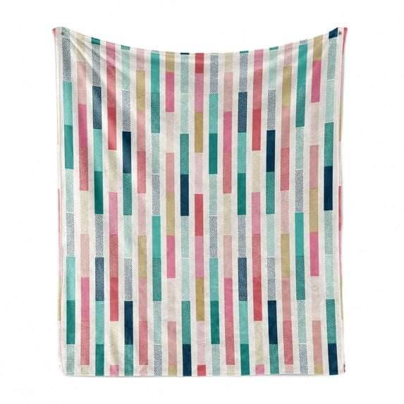 Abstract Soft Flannel Fleece Blanket, Contemporary Avant-Garde Style Color Stripes Vertical Bars with Dots Creative Art, Cozy Plush for Indoor and Outdoor Use, 60" x 80", Multicolor, by Ambesonne