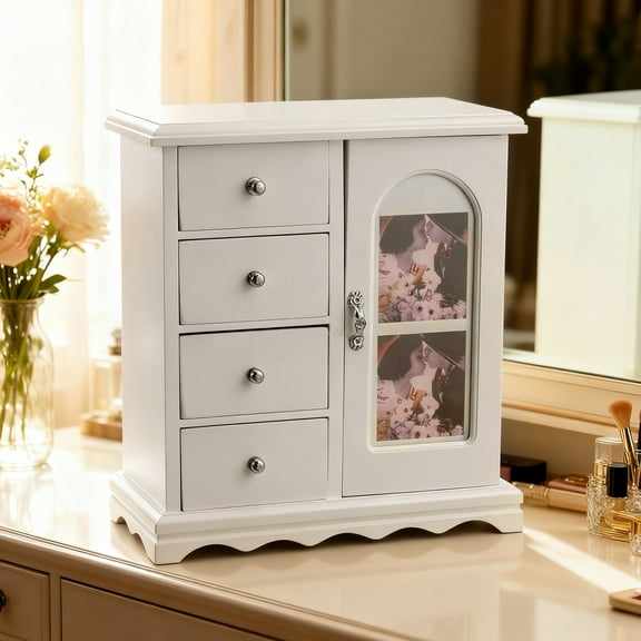 Zimtown Wooden Jewelry Organizer, 4 Drawers Jewelry Box with 360° Rotating Necklace Carousel, Ring Holder & Photo Door, White