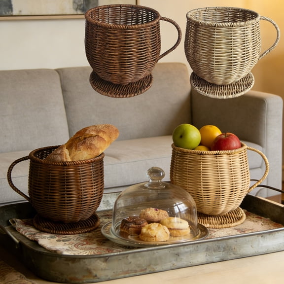 Imitation Rattan Coffee Cup Shaped Storage Basket With Handle And Base, Decorative Woven Organizer For Coffee Bar Countertop, Compact Bin For Small Items And Daily Sundries Storage