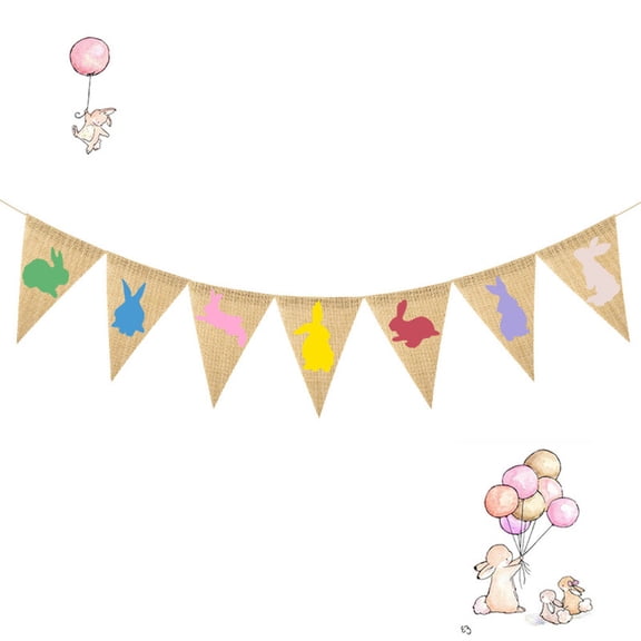 Rhewides Easter Bunny Pennant Banner Set, Colorful Garland Linen Bunting Flags for Easter Party Decorations and Supplies