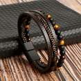 Natural Stone Tiger Eye Matte Black Onyx Leather Beaded Bracelet Men's
