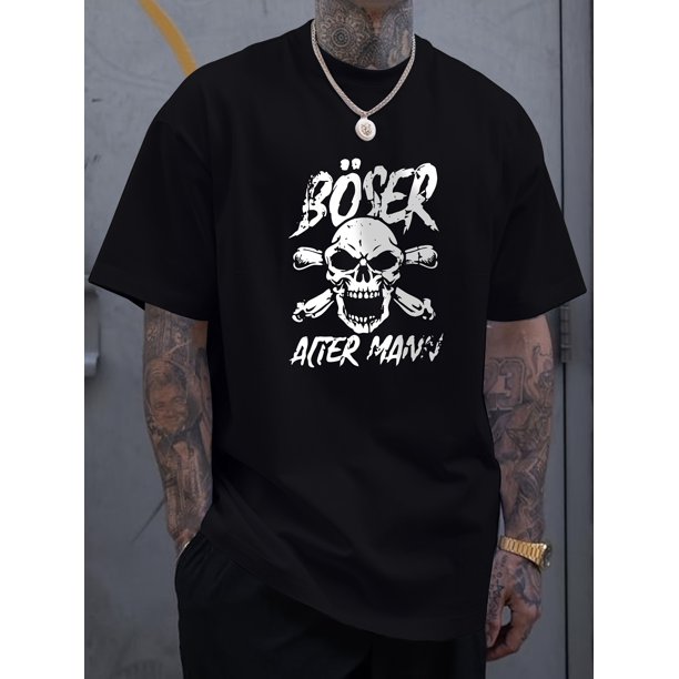 Men's Dark Skull & Letter Print Casual Tee - Breathable Polyester, Round Neck, Short Sleeve T-Shirt for All Seasons