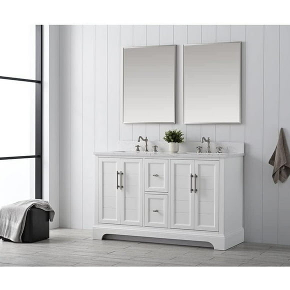 Vanity Art 54 Inch Double Sink Bathroom Vanity with Ceramic Sink and Engineered Marble Top, Without Mirror