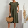 thumbnail image 1 of JUNWELL Coton Lin Femmes Robe d'Été Couleur Unie Col Rond Manches Courtes Genou Longueur Robe de Plage Décontractée en Vrac Robes de Vacances Minces, 1 of 7