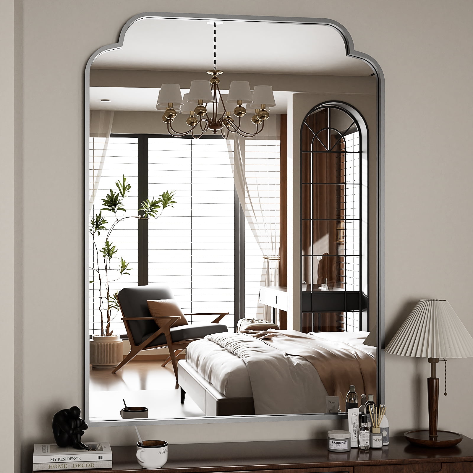 GRAHMCY 40"x30" Bathroom Mirror Arched Wall-Mounted Leaning Vanity Mirror with Deep Frame, Silver