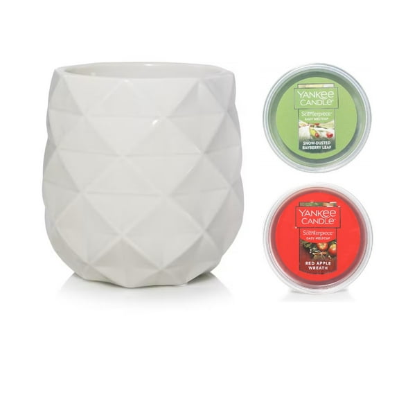 Yankee Candle Ceramic White Langham Scenterpiece Warmer with Timer and a Red Apple Wreath and a Snow Dusted Bayberry Leaf Meltcups