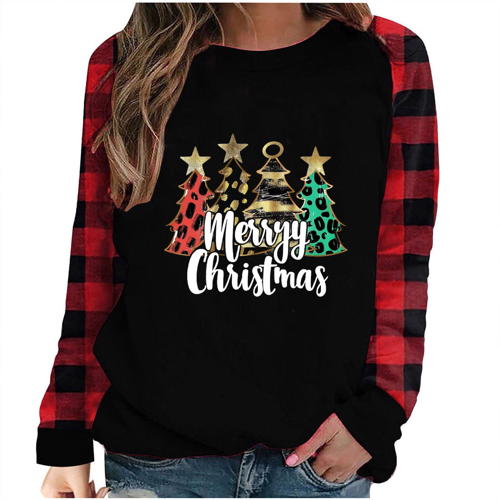 Clearance Staron Womens Long Sleeve Christmas Shirts Striped Raglan Long Sleeve Tops Xmas Leopard Print Tree Shirts Baseball Blouses Crew Neck Loose Fit Graphic Tees Tops Red L