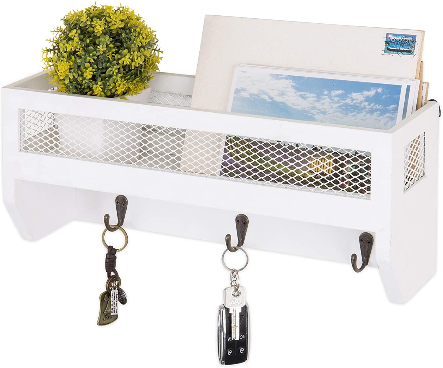 MyGift 16 inch Rustic White Wood WallMounted Wire Mesh Shelf with