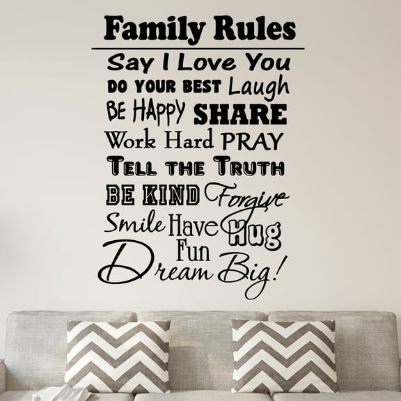 VWAQ Family Rules Vinyl Wall Decal Inspirational Quote Home Decor Family Wall Art Saying (22"H x 16"W BLACK)