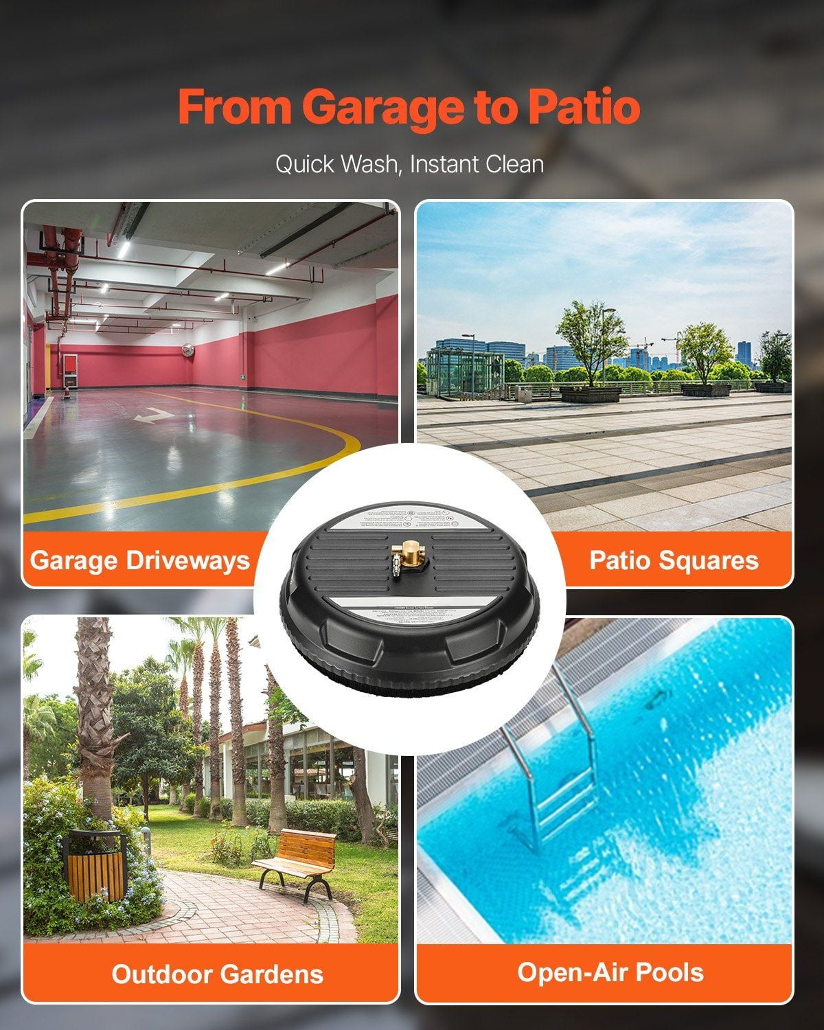 15" Pressure Washer Surface Cleaner - 3000 PSI - 4 Wheel Roller - Plastic - Black - Fast Driveway Patio Cleaning Tool