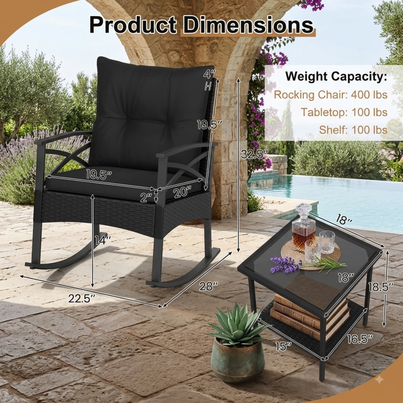 Furnibear Outdoor Rocking Chair for Lawn Patio Backyard Outdoor Metal 100 lbs Capacity Black Weather-Resistant Outdoor Furniture