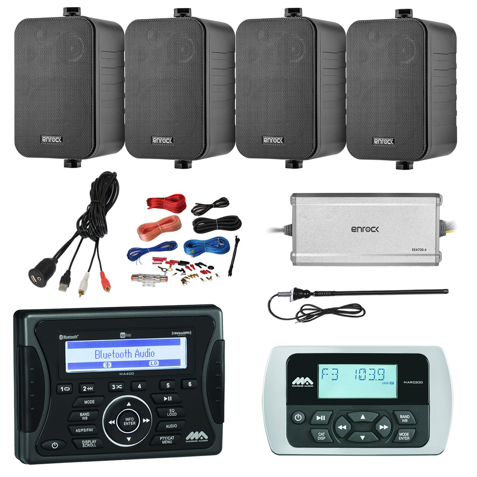 Jensen Marine Audio Bluetooth AUX USB Receiver, Wired Remote, 4x Audio