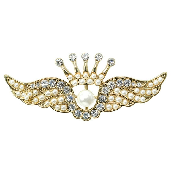 Gold Tone Crystal Rhinestone White Faux Pearls Crown Angel Wings Brooch Pin