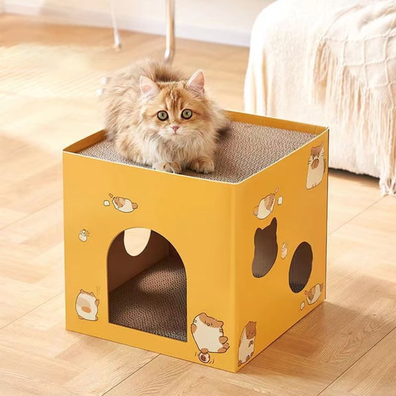 2-in-1 Cardboard Cat House with Built-in Scratcher Pad, Indoor Cat Cave Bed, Multi-Use Hideout & Scratching Toy for Small Cats Kittens Indoor Use
