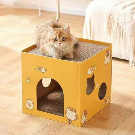 2-in-1 Cardboard Cat House with Built-in Scratcher Pad Indoor Cat Cave Bed Multi-Use Hideout & Scratching Toy for Small Cats Kittens Indoor Use