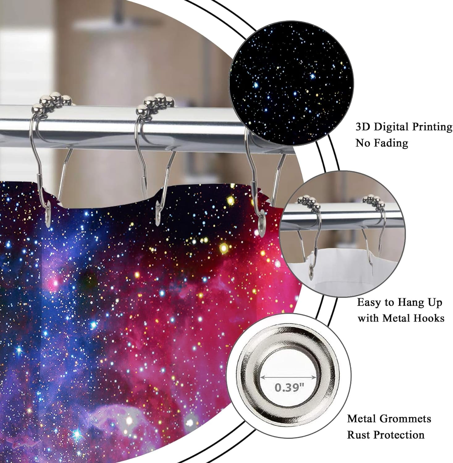 Outer Space Galaxy Stars Shower Curtain 72Wx72H Inch Nebula Universe Planet Purple Sky Starry Decor Fabric Set Polyester Waterproof for Bathroom with Metal Hooks 12 Pack