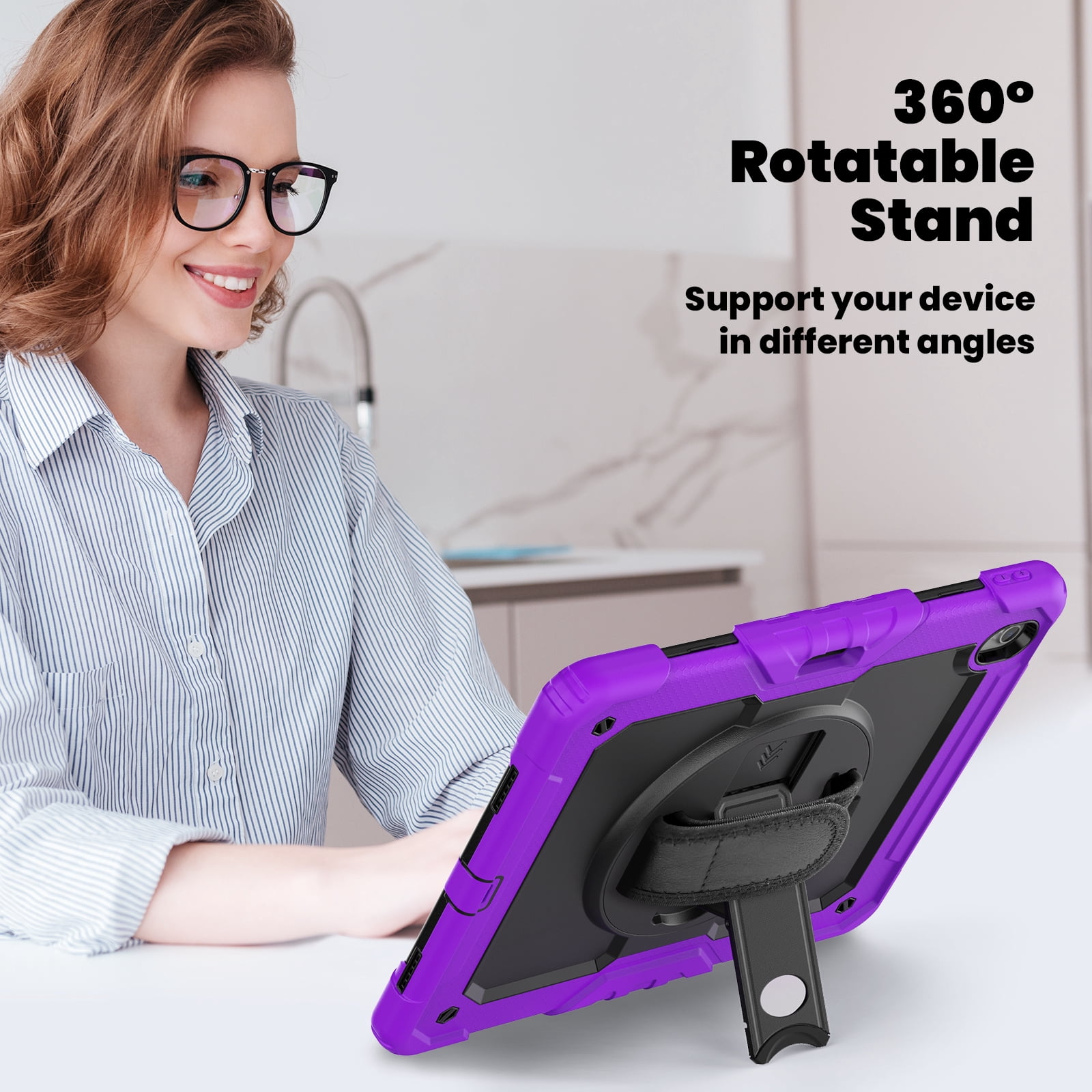 Allytechgroup iPad Air 13 2024 Case with Screen Protector / Shoulder Strap/ Pencil Holder, Heavy Duty Shockproof Rugged Handle Kickstand Bumper Case Cover for Apple iPad Air 13 Inch 2024 M2,Purple