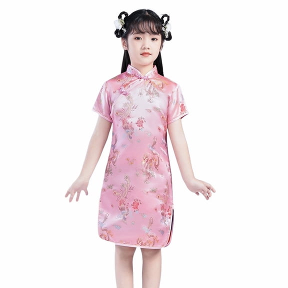 KAUOD Girls Chinese Qipao Dress Short Sleeve Printed Cheongsam for Birthday Party Wedding Summer Cute Traditional Dress