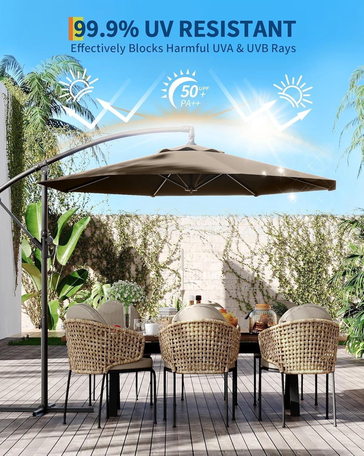 Memoryfield 10FT Outdoor Patio Hanging Offset Cantilever Umbrella, Cantilever Market Umbrella with Cross Base, Tan Color