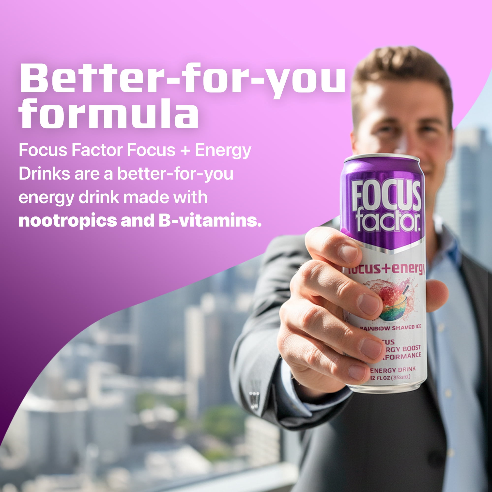 Focus Factor Energy Drink - 12 x 355ml Cans (Rainbow Shaved Ice Flavor) - with Focus + Energy - Sugar Free, Low Calorie with Vitamin B6 & Vitamin B12