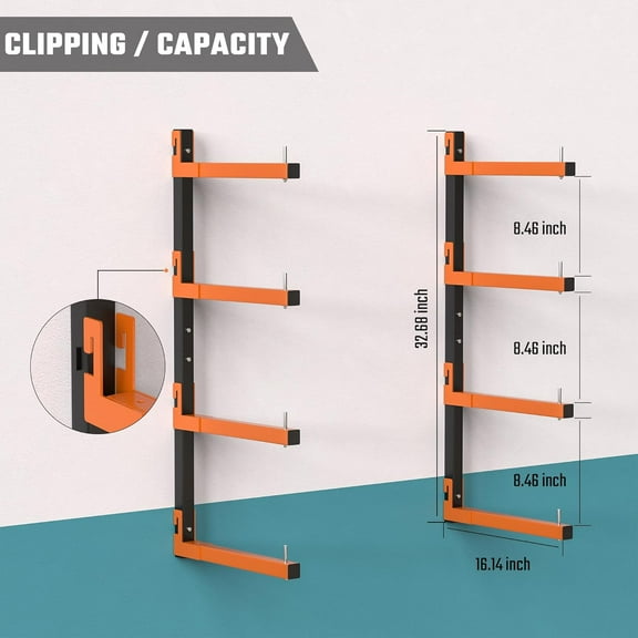 Heavy Duty Metal Lumber Storage Rack, 4 Level Wall Mount with Snap-Fit Connection