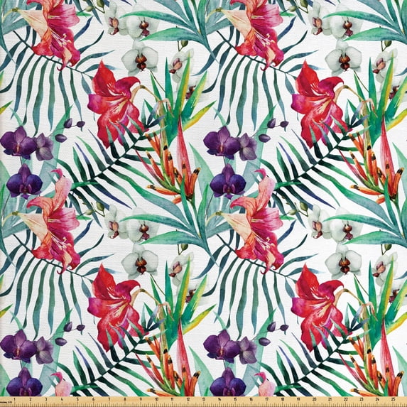 Watercolor Flower Upholstery Fabric by the Yard, Tropical Wild Orchid Flowers with Palm Leaves Print Exotic Style Nature, Decorative Fabric for DIY and Home Accents, Multicolor by Ambesonne