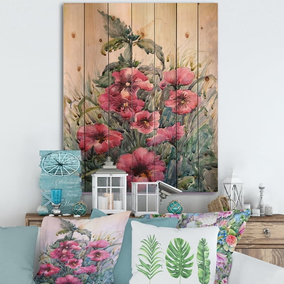 Designart 'Blossoming Hibiscus Flowers In The Wild' Traditional Print on Natural Pine Wood