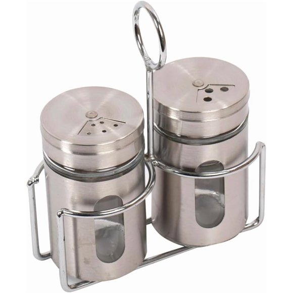 Luciano Ensemble de Salière et Poivrière, Salière en Acier Inoxydable avec Plateau, Décoration et Accessoires de Cuisine Fonctionnels, Essentiels de Cuisine, Ensemble de 2 Pcs, 85 ml, 4.9 x 8.4 cm, Argent