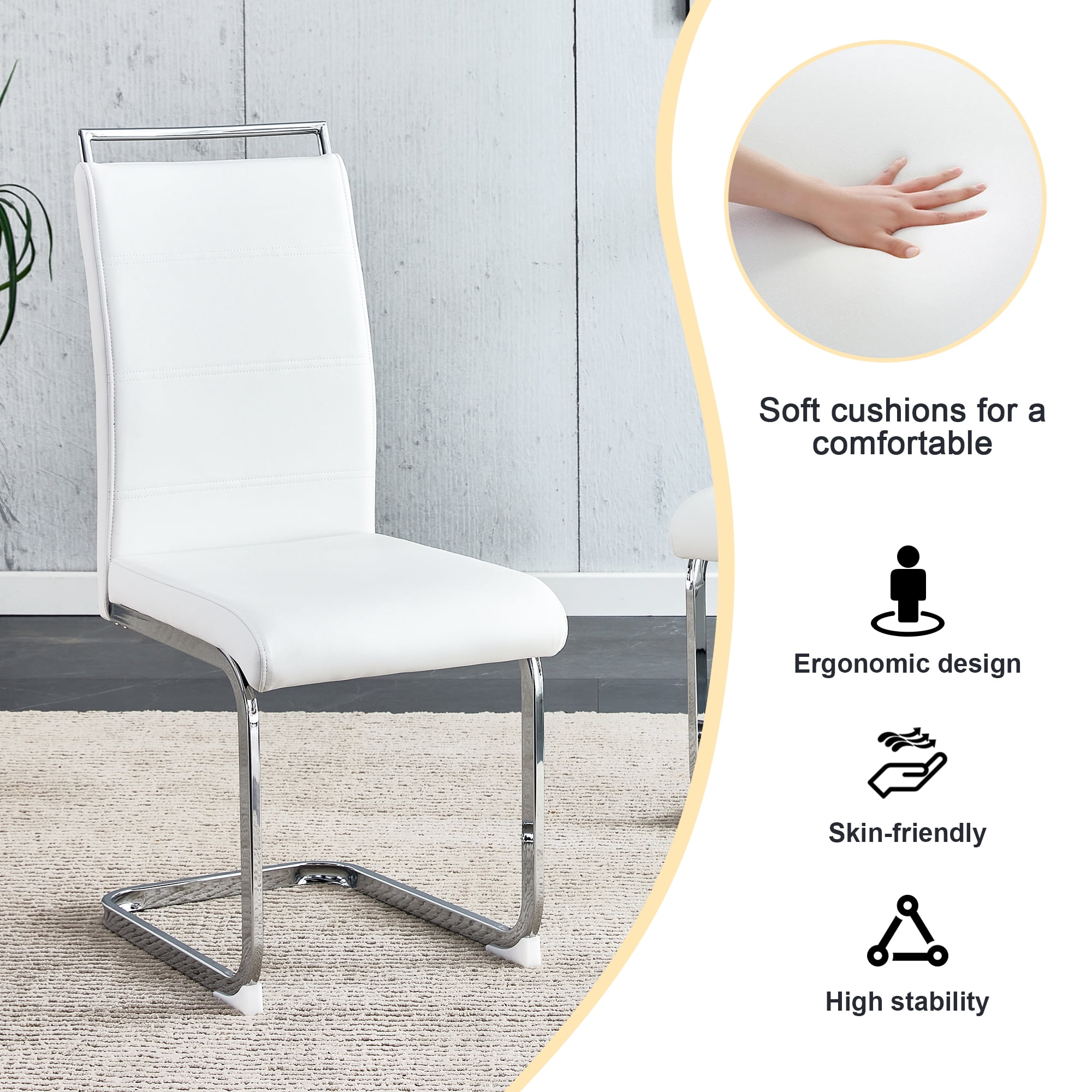 NYEESS Set of 4 White PU Dining Chairs, Chrome Base High Back Modern Chairs for Kitchen Room
