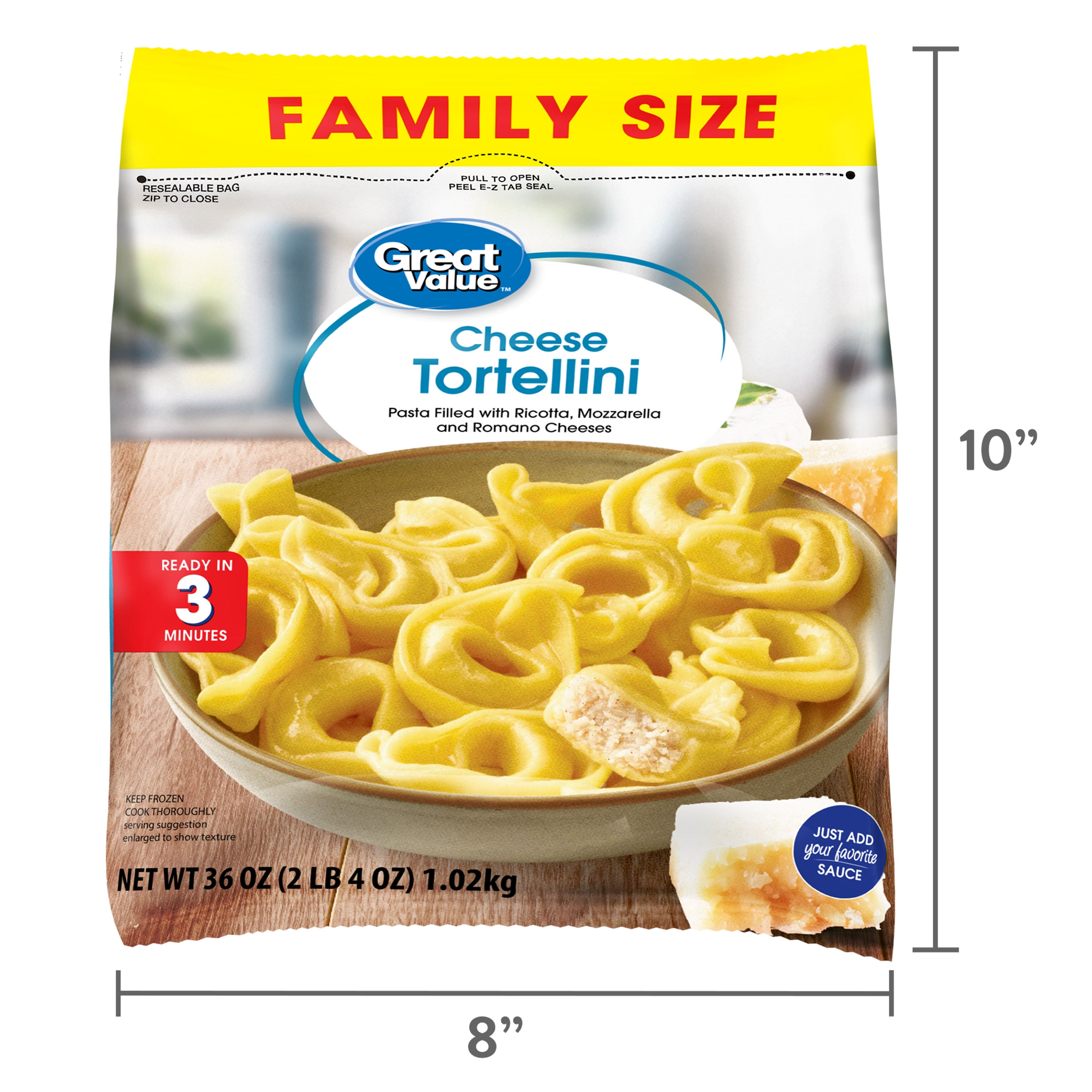 Great Value Family Size Cheese Tortellini, Pasta, 36 oz Bag (Frozen)