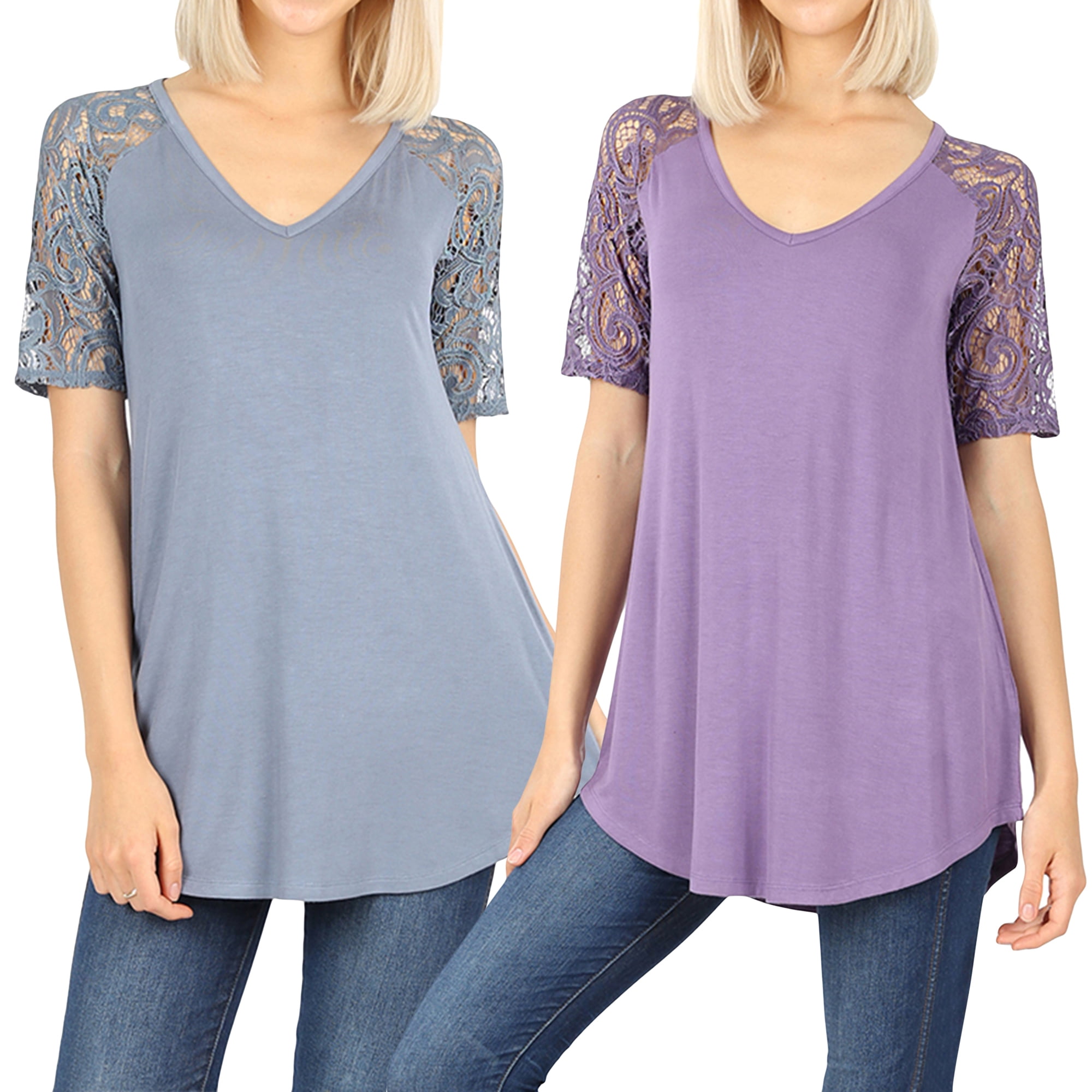 TheLovely Womens & Plus Soft Rayon Lace Short Sleeve VNeck Round Hem