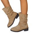 thumbnail image 2 of IEMIEMIEM Women's Faux Suede Ankle Mid Calf Boots Slip-On Low Block Heel with Metal Buckle Decor Slouch Casual Pull On Round Toe Fall Winter Daily Boots Khaki 6.5 Wide, 2 of 9