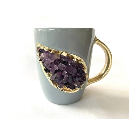 

Set of 2 Grey & Gold Ceramic Mug with Purple Semi-Precious Gemstones