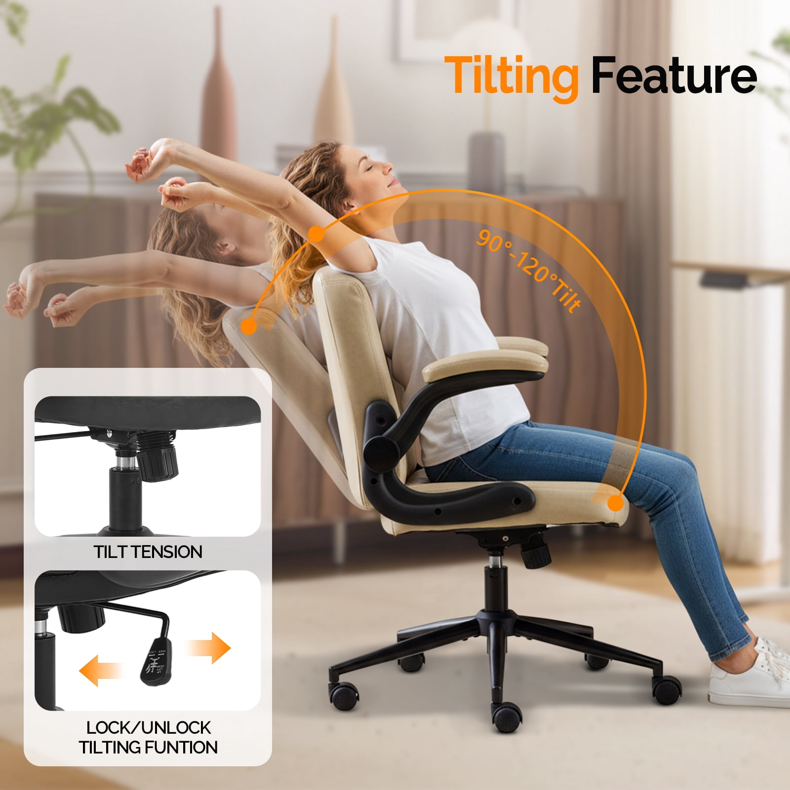 Ktaxon PU Office Desk Chair , Flip-Top Armrest Task Chair on Metal Star Base, Adjustable Height & Quiet Casters for Study Black