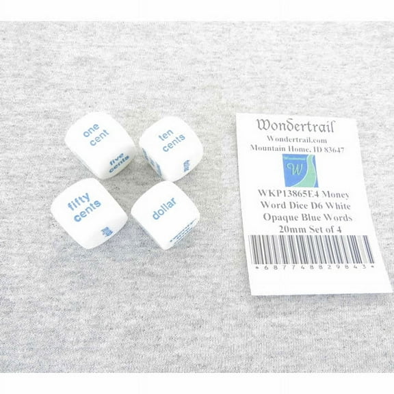 Money Word Dice D6 White Opaque with Blue Words 20mm (25/32in) Set of 4 Wondertrail