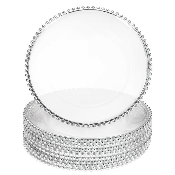 Uxcell 12 Pcs Assiettes de Charge Transparentes en Vrac, Assiettes de Charge Rondes en Plastique de 13 Pouces avec Garniture de Perles Assiette de Souper Dessert pour Décoration de Mise de Table d'Événement de Mariage Fête, Argent