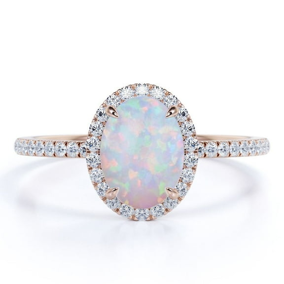 JeenMata 1.50 ct Halo Oval Cut Blue Opal and Moissanite Wedding Ring in 18K Rose Gold over Silver