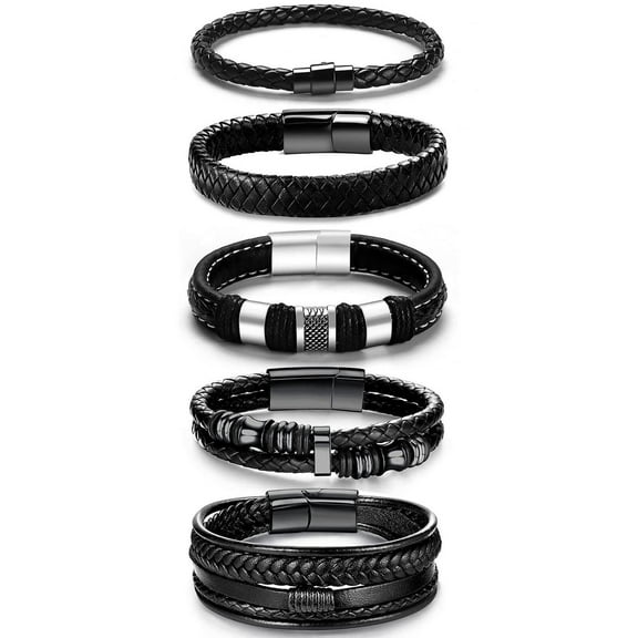 Mens Women Steel Genuine Black Leather Double Braided Bracelet Cuff Bracelets