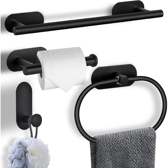 Bathroom Hardware Set, Stainless Steel Bathroom Accessories Set, Towel Bar Towel Ring Toilet Paper Holder and Hook (4 Pieces, Black)