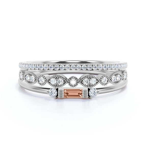 Dainty Minimalist 1.75 Carat Baguette Cut Morganite And Diamond Moissanite Engagement Ring, Antique Wedding Ring in 10k Solid White Gold, Trio Set, Matching Band, Promise Ring, Anniversary Ring
