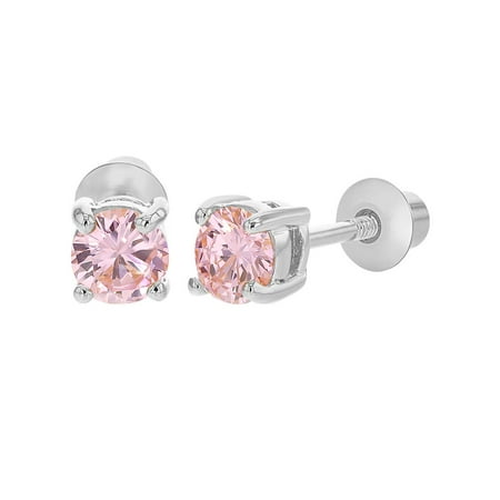 Rhodium Plated Pink Cubic Zirconia Screw Back Safety Earrings for Girls Kids 3mm