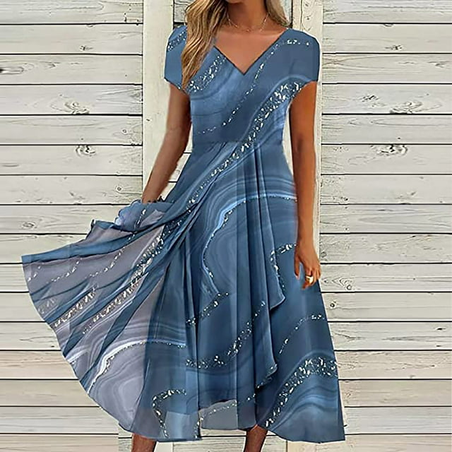 Robes pour Femmes 2024 Été Surdimensionnée pour Impression Florale Manches Courtes Col en V Robe Plissée Fluide Robes 50 % de Réduction!